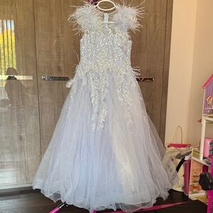 Girls Mac Duggal Glitter Tulle Feathered Gown in Ice Blue